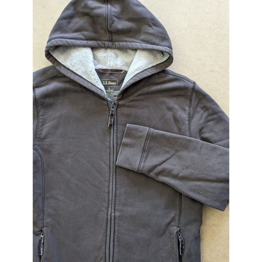 Ll Bean Fleece Fur Lined Hooded Full Zip Jacket Sz L Brown‎ Womens EUC